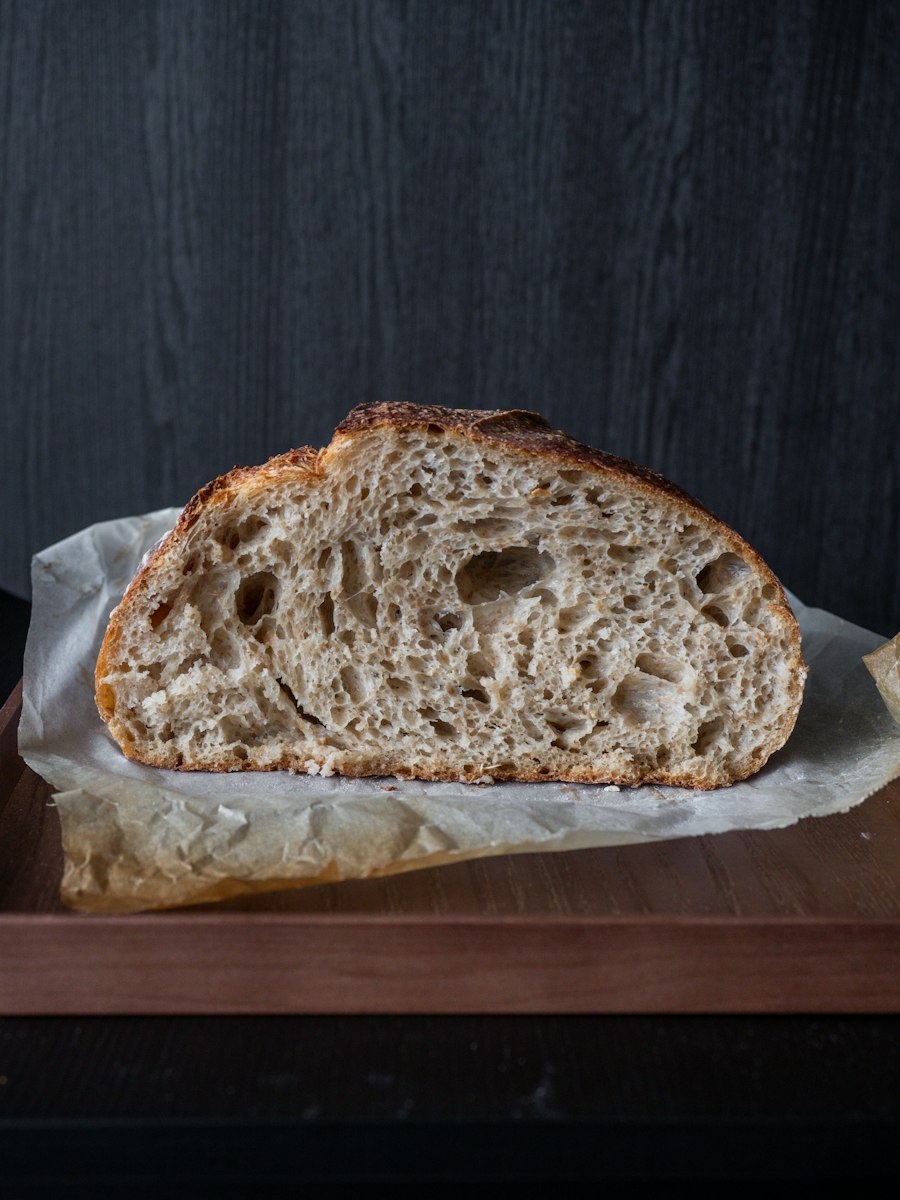 Country sourdough loaf with an open crumb