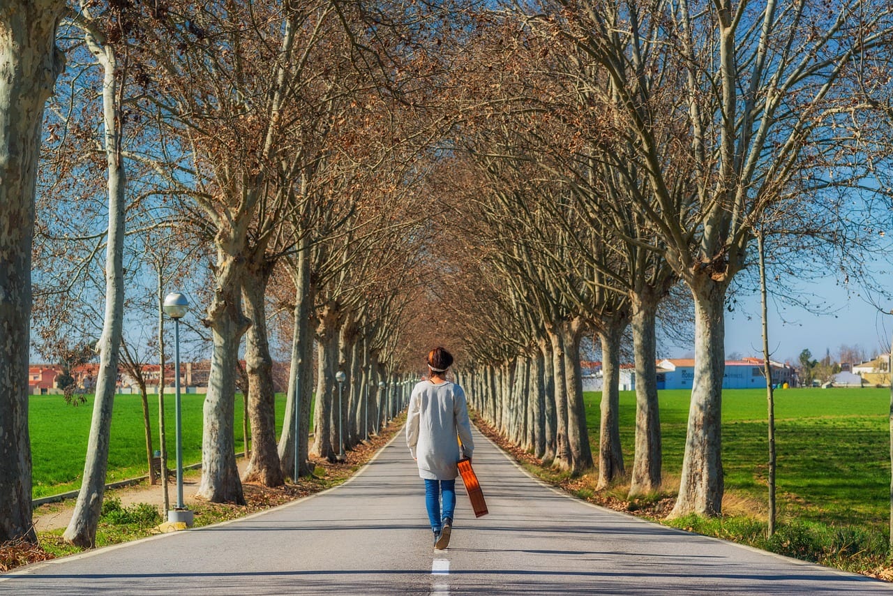 A woman walking down a tree-lined road, seen from behind